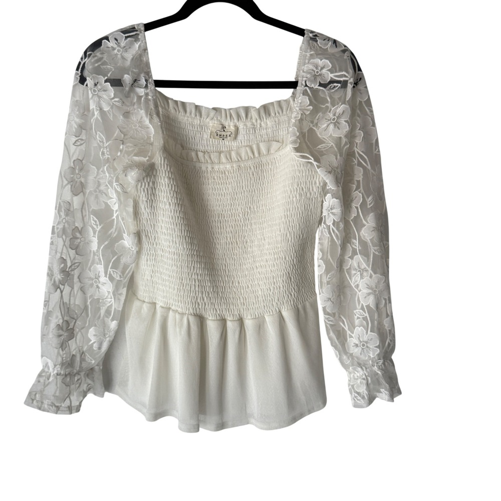 Ember White Floral Lace Square Neck Smocked Peplum‎ Top M Coquette Victorian